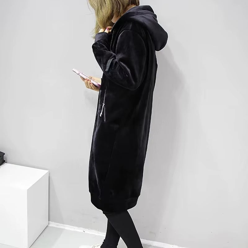 New 2021 Autumn Thick Warm Hooded Basic Coats Women Sweatshirts Casual Loose Lady Winter Long Black Winter Fleece Hoodies Femme