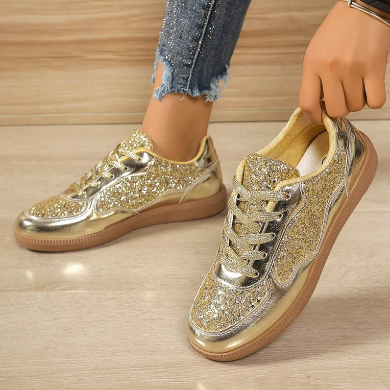 Thick-soled Sequined Comfort Sneakers Women New Fashionable and Versatile Casual Shoes Low-top Lace-up Flat-soled Trendy Shoes