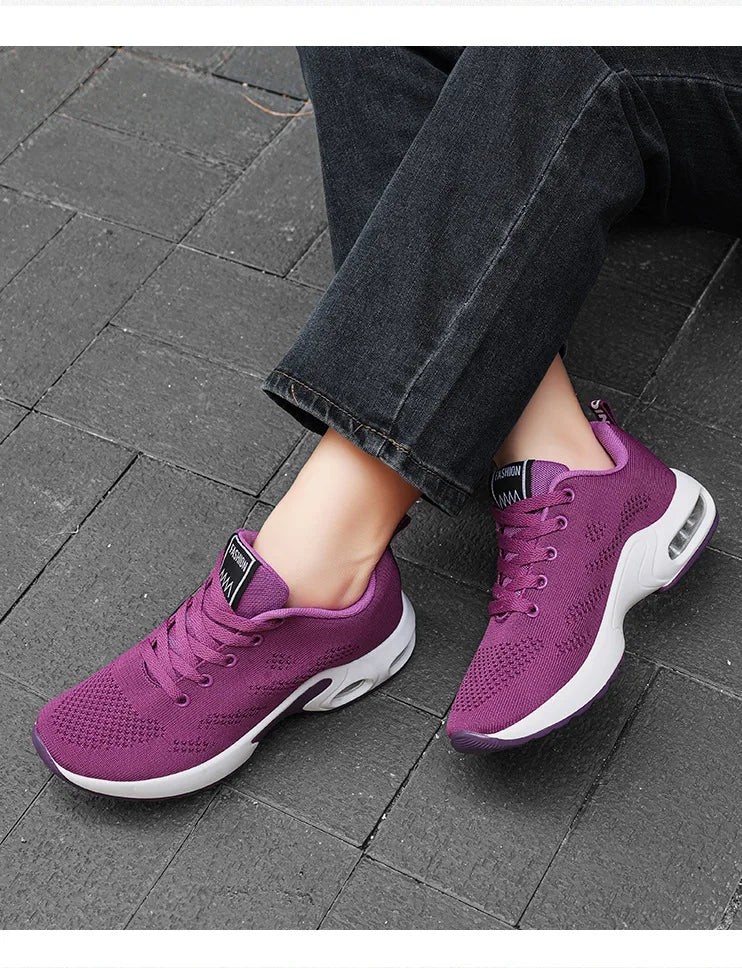 Mesh Breathable Lightweight Sports Women's Shoes, Fashionable And Versatile, Fly Woven Casual PU Real Air Cushion Running Shoes