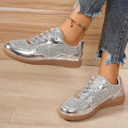 Thick-soled Sequined Comfort Sneakers Women New Fashionable and Versatile Casual Shoes Low-top Lace-up Flat-soled Trendy Shoes